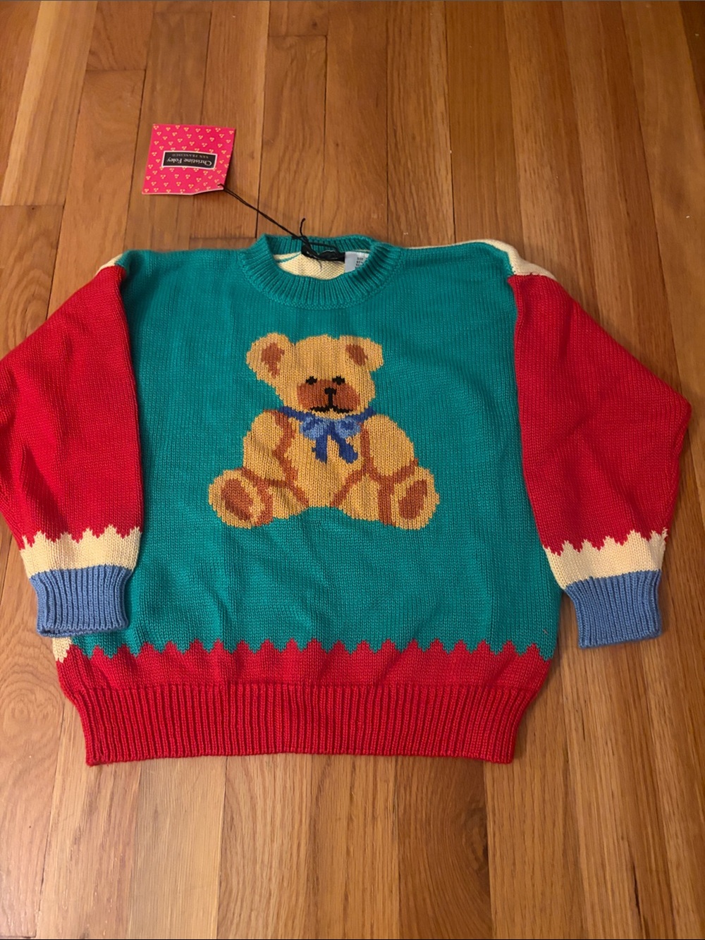 NWT Vintage Handmade Kids Teddy Bear Crewneck Sweater in Teal, Red & Cream